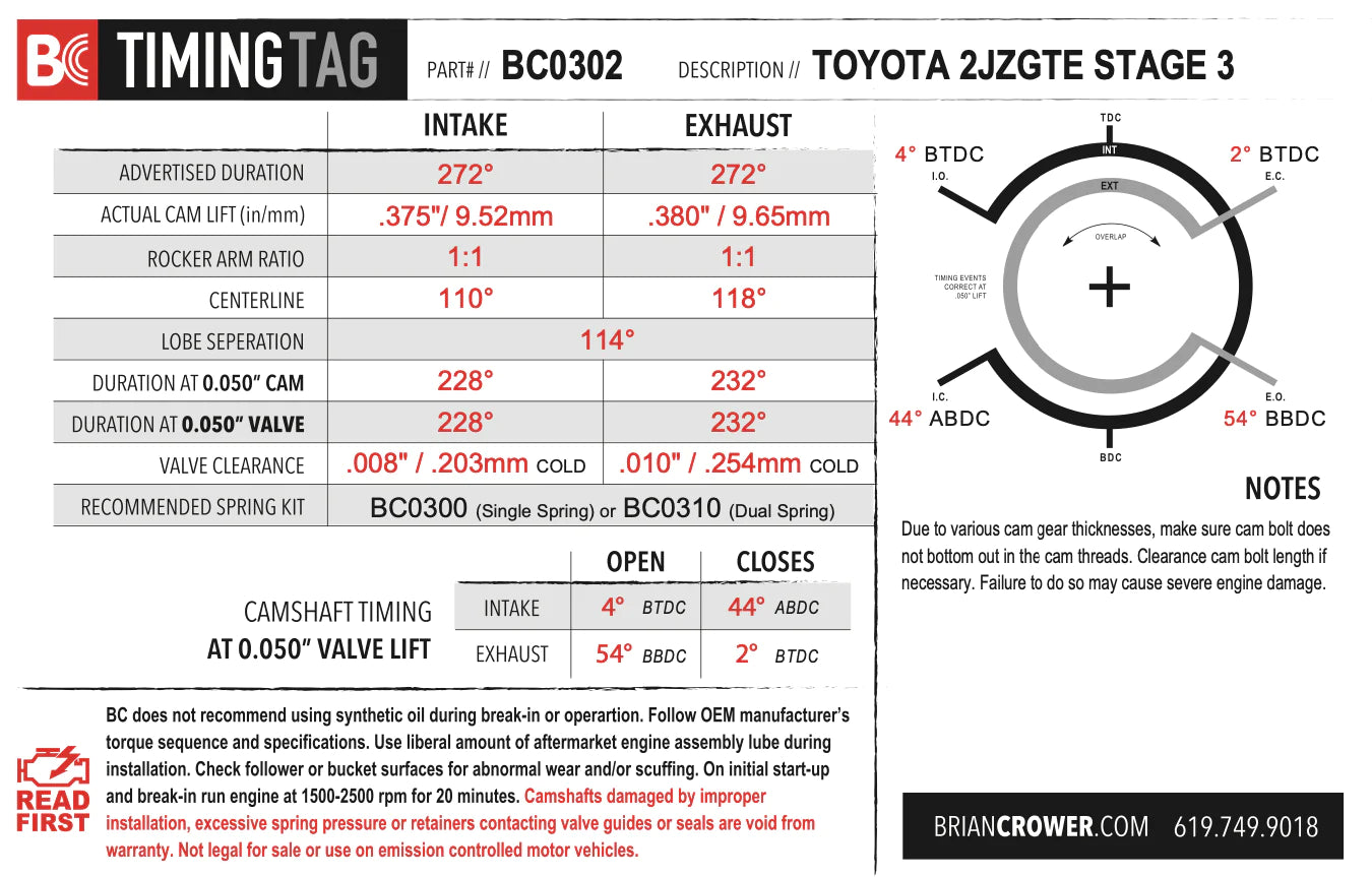 Brian Crower Toyota 2JZGTE Camshafts - Stage 3 - 272 Race Spec
